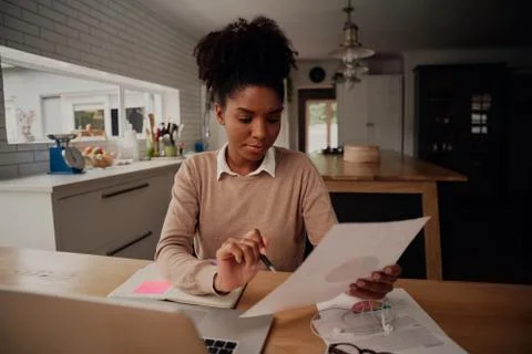 Young female freelancer analysing documents and comparing growth while working Stock Photos