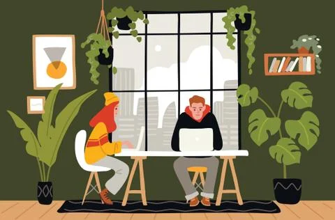 Young female freelancer is working on a computer, sitting at the table. Artis Stock Illustration