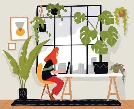 Young female freelancer is working on a computer, sitting at the table. Artis Stock Illustration