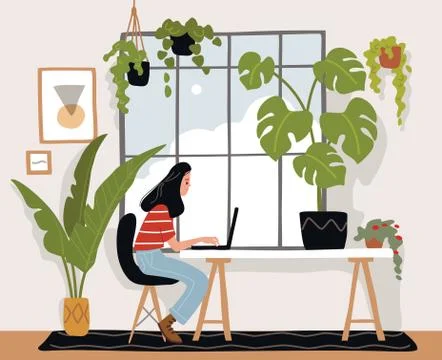 Young female freelancer is working on a computer, sitting at the table. Artis Stock Illustration