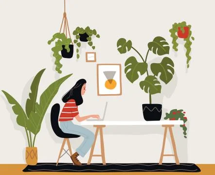 Young female freelancer is working on a computer, sitting at the table. Artis Stock Illustration