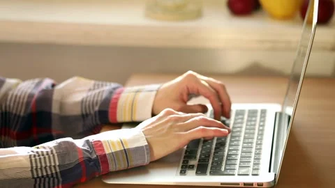 Young female hands using laptop keyboard for typing message text. Internet commu 스톡 동영상 142367120