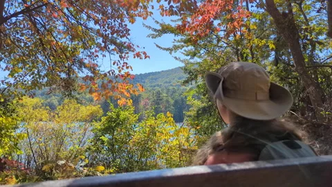 Young Female in Hat Looking at Mountains Lake Landscape. Freedom Wanderlust.. Video stock 320324636