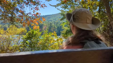 Young Female in Hat Looking at Mountains Lake Landscape. Freedom Wanderlust.. Stock Footage 324814652
