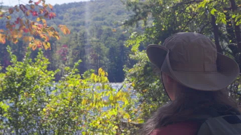 Young Female in Hat Looking at Mountains Lake Landscape. Freedom Wanderlust.. Stock Footage 336864372