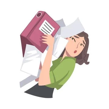 Young Female Holding Folder with Sheet of Papers Falling Down Vector Stock Illustration
