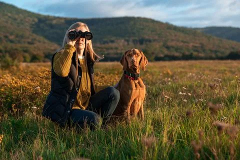 Young female hunter using binoculars for bird spotting with hungarian vizsla  Stock Photos
