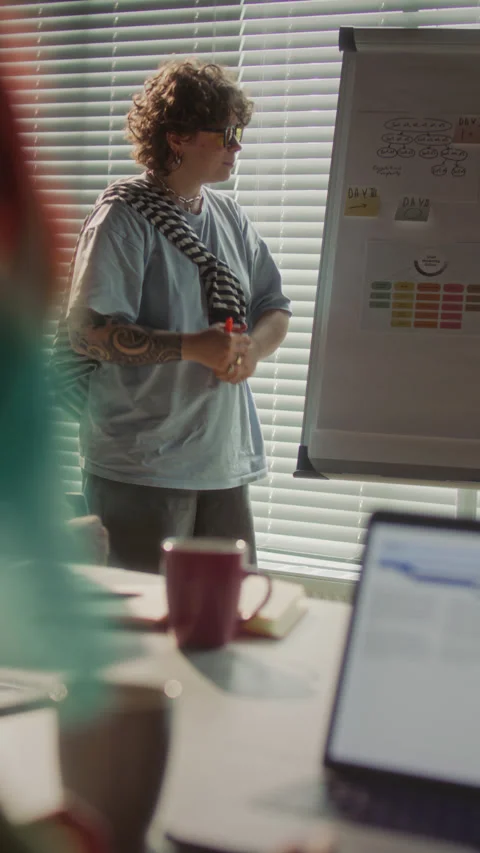 Young Female Manager Explaining Presentation while Leading Team Meeting Stock Footage 340488988