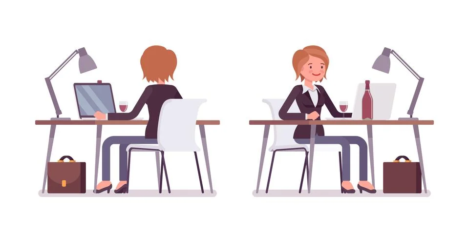 Young female manager working at the computer, rear and front view Illustrazione stock