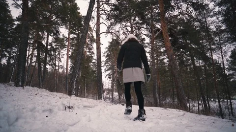 Young female model walking in the winter forest in the snow among the trees. 스톡 동영상 101854919
