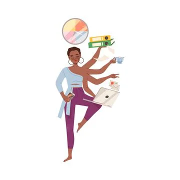 Young Female with Multiple Arms Multitasking as Time Management Vector Illustrazione stock