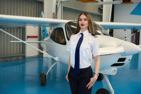 Young female pilot posing in front of small airplane in hangar Stock Photos