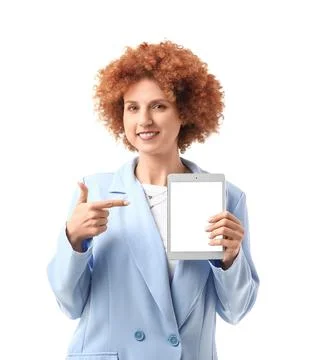 Young female programmer pointing at tablet computer with blank screen on whit 写真素材