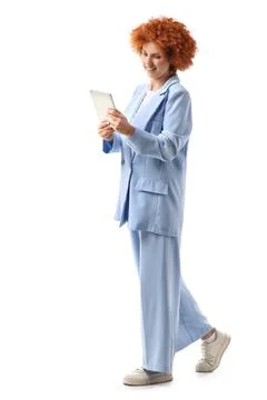 Young female programmer with tablet computer on white background Stock Photos