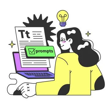 Young female prompt-engineer writing a prompt to a artificial neuron 스톡 일러스트