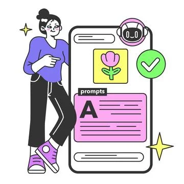 Young female prompt-engineer writing a prompt to a artificial neuron 스톡 일러스트