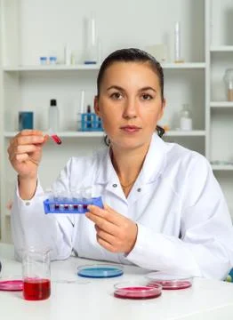 Young Female Scientist Analyzing Sample In Laboratory.laboratory assistant .. Stock Photos