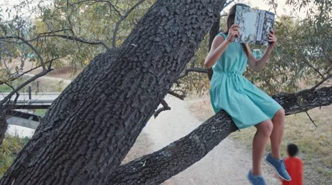 Young female sitting on a tree, reading book - man running below Stock-Footage 67396270