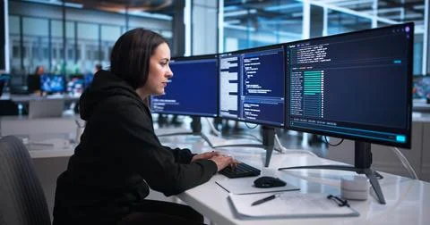 Young Female Software Developer Coding Interactively In Cloud Workspace. Stock Photos