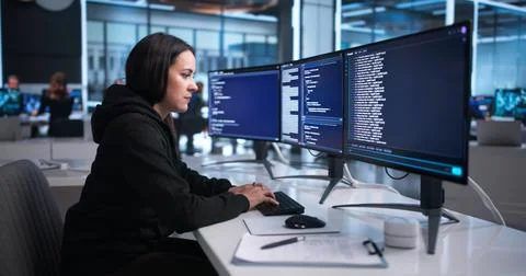 Young Female Software Developer Coding Interactively In Cloud Workspace. Foto stock