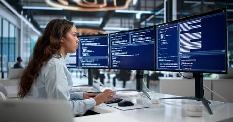 Young Female Software Engineer Developing Secure Code At Her Office Desk. 库存照片