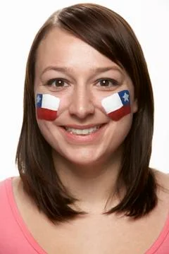 Young Female Sports Fan With Chilean Flag Painted On Face Stock Photos
