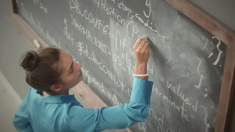 Young Female Student Writing Programming Code on Blackboard Stock Footage 263725319