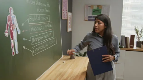 Young Female Teacher Explaining Human Body Systems by Chalkboard at Lesson Stock Footage 333734966