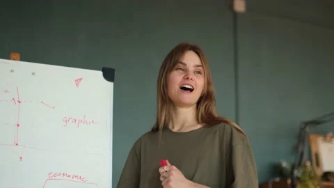 Young female teacher explains material to students on a desk Stock Footage 233624948