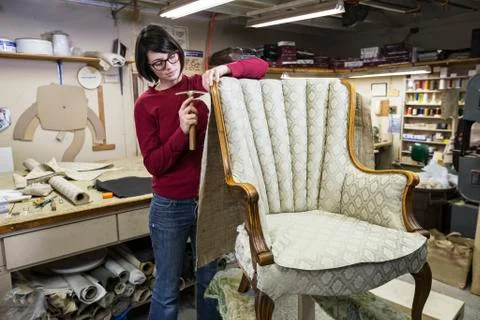 A young female upholsterer using a tack hammer on a chair in an upholstery shop. Stock Photos