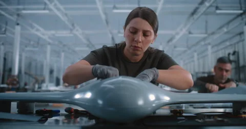 Young Female Worker Assembling Drone Components at Advanced Aerospace Video stock 345052317