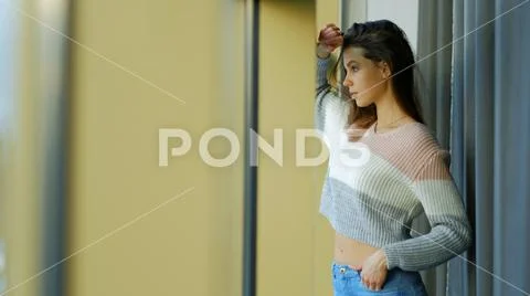 Young fit sexy girl home leisure pastime window Stock Photos