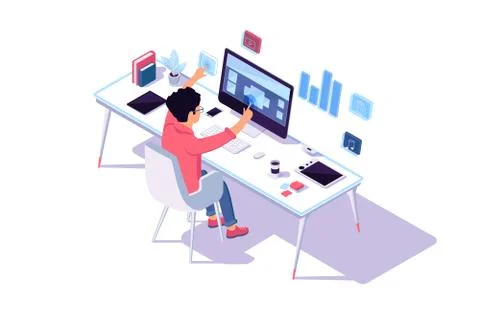 Young flat businessman with glasses at the computer at work. Stock Illustration