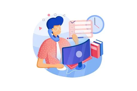 Young flat businessman with glasses at the computer at work. Concept man with Ilustración de archivo