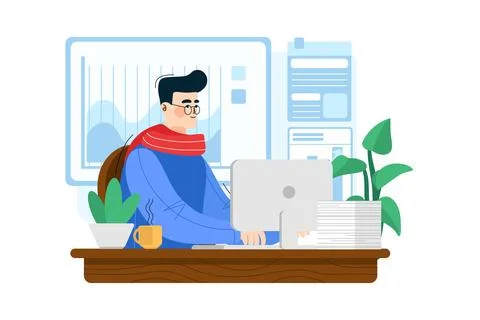 Young flat businessman with glasses at the computer at work. Ilustración de archivo