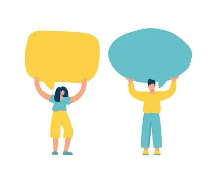 Young flat vector man and woman holding speech bubbles communication. Concept of Stock Illustration