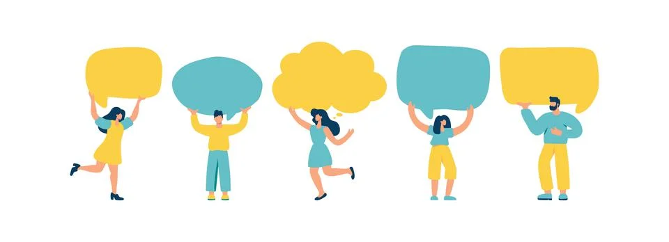 Young flat vector tiny men and women holding speech bubbles communication chat Illustrazione stock
