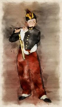 Young Flautist - Edouard Manet. Redrawing with a watercolor. Stock Illustration