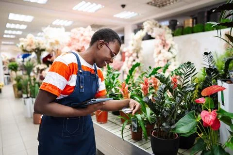 Young florist checking plants with tablet in flower shop Stock Photos