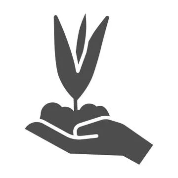 Young flower grows from soil in hand solid icon, spring concept, small plant 스톡 일러스트