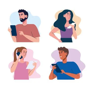 Young four persons using smartphones technology Stockillustratie