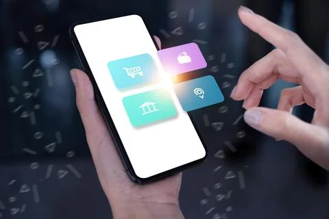 Young freelance using application on smartphone for online shopping or checking Stock Photos