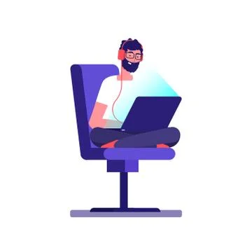 Young freelancer programmer coding with laptop. Vector geek character isolated イラスト素材