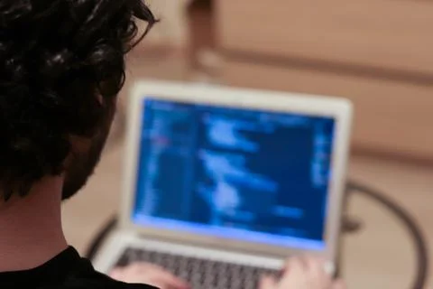 Young freelancer is programming from a laptop at home view from the back. Sof 스톡 사진