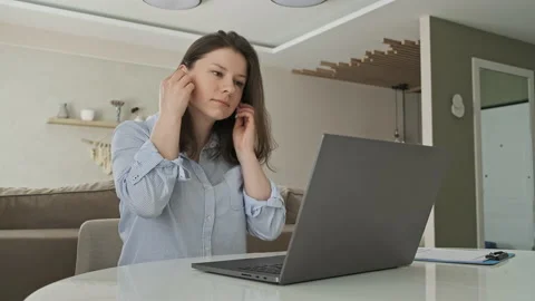 Young freelancer using laptop working from home. Woman at remote work 스톡 동영상 133781959