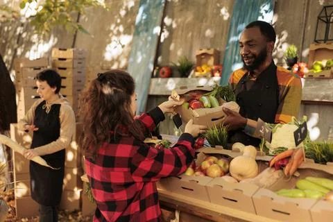 Young friendly farmer serving client with various produce Stock Photos