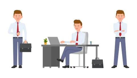 Young friendly office manager in formal wear sitting at the desk, holding cof Stock Illustration