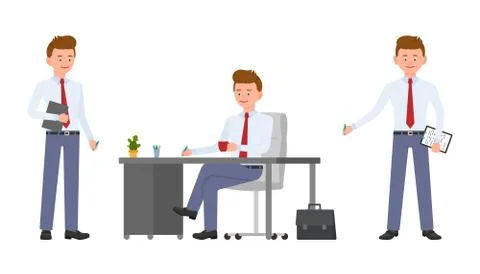 Young friendly office manager in formal wear sitting at the desk, holding not Stock Illustration