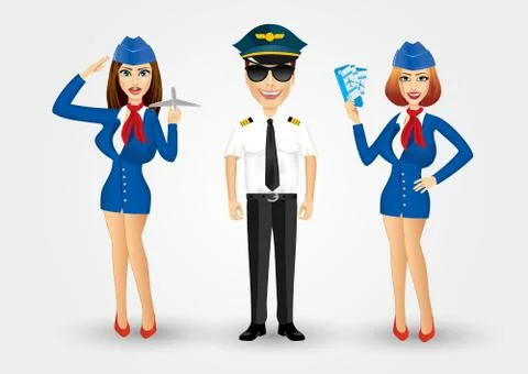 Young friendly pilot and two stewardesses Stock-Illustration