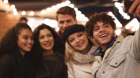 Young Friends Posing For Selfie At Christmas Market Stock Footage